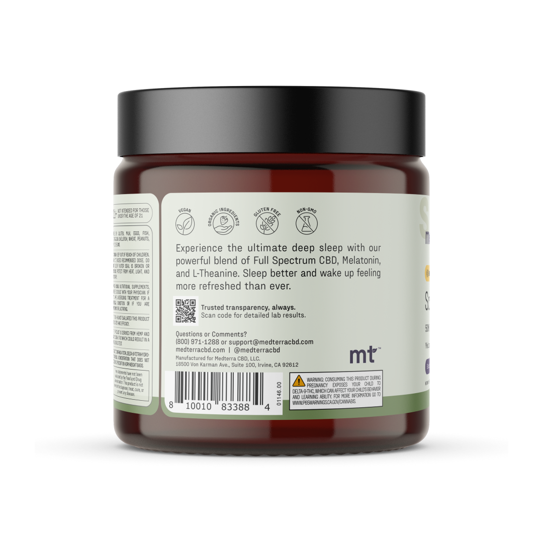 The cylindrical container of Sound Asleep CBD Gummies by Medterra features a dark lid and a light label displaying important product details, including ingredients such as Full Spectrum CBD, Melatonin, and L-Theanine. This melatonin supplement is designed to promote better sleep and help you feel refreshed. Contact information is provided at the bottom of the label.