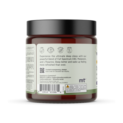 The cylindrical container of Sound Asleep CBD Gummies by Medterra features a dark lid and a light label displaying important product details, including ingredients such as Full Spectrum CBD, Melatonin, and L-Theanine. This melatonin supplement is designed to promote better sleep and help you feel refreshed. Contact information is provided at the bottom of the label.