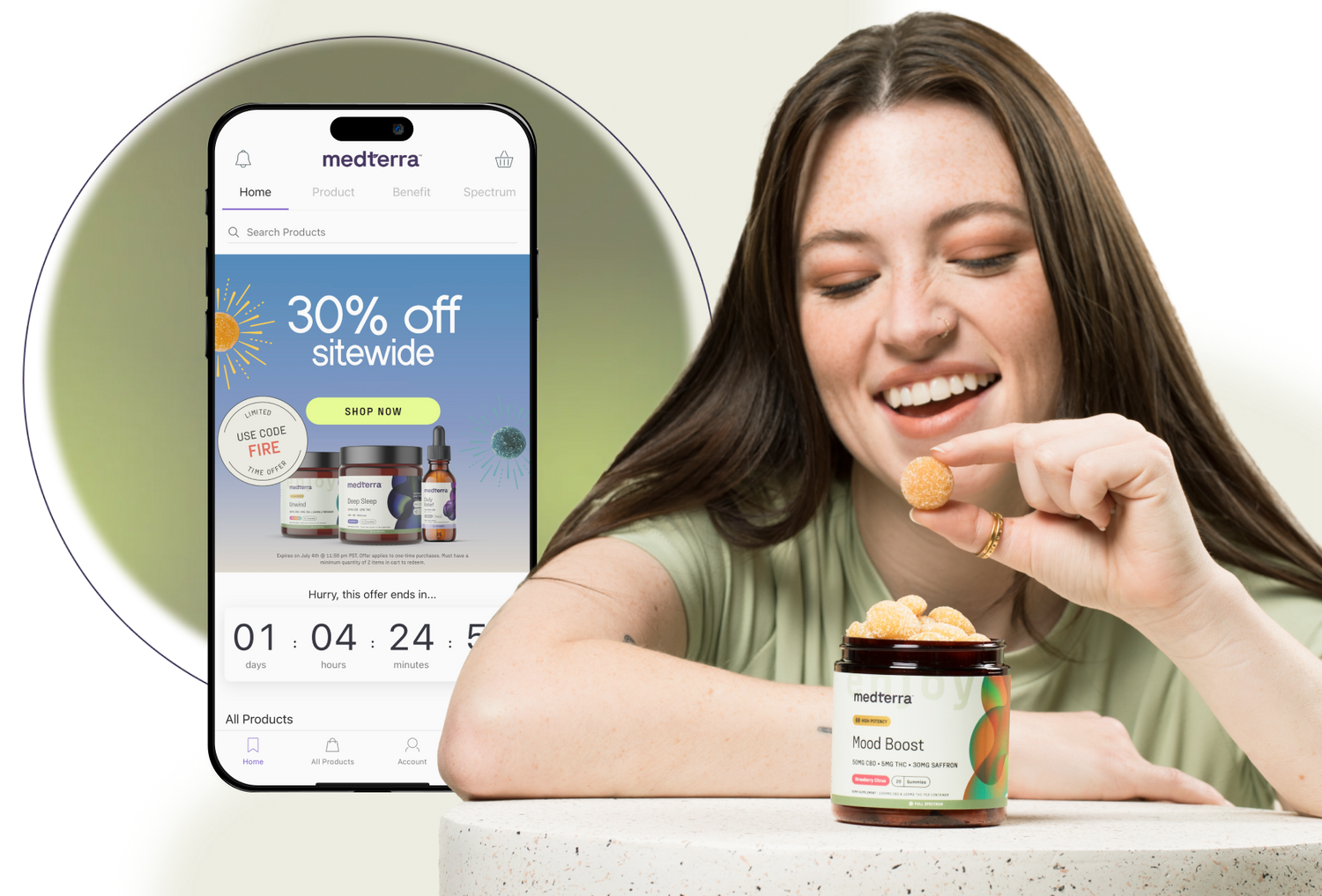 A woman with long brown hair is smiling and holding a gummy above a jar labeled "Mood Boost," made with pure ingredients. Behind her, a smartphone displays a website offering a 30% off sitewide sale for 168飞艇开奖官网开奖, which is renowned for its highest quality products grown and processed in the USA.